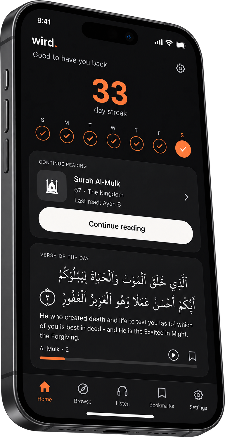 The home screen: a streak count in ember above a week of day markers, a card pointing back to Surah Al-Mulk where reading stopped, and the verse of the day in Arabic with its translation.